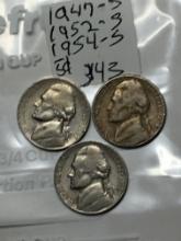 (3) Jefferson Nickels 1947 S, 1952 S, 1954 S