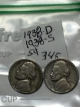 (2) Jefferson Nickels 1938 D, & S