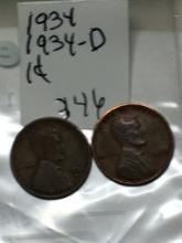 (2) Lincoln Wheat Cent 1934 P, & D