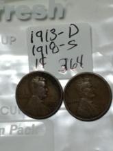 (2) Lincoln Wheat Cent 1913 D, 1918 S