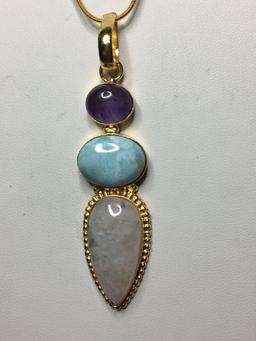 18 Kt Gold Plated 2 3/4" Exquisite Moonstone Larimer Amethyst Pendant 