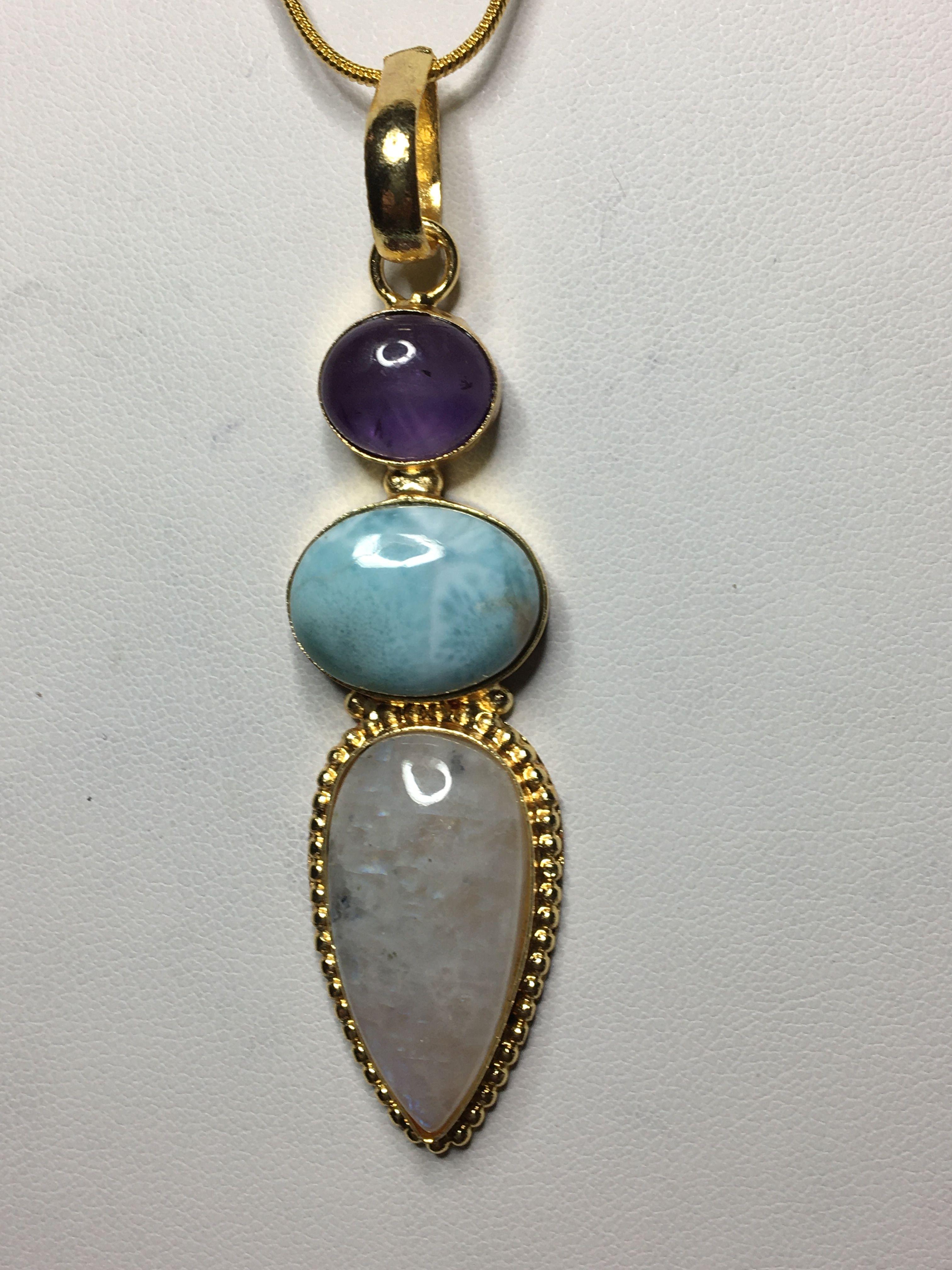 18 Kt Gold Plated 2 3/4" Exquisite Moonstone Larimer Amethyst Pendant 