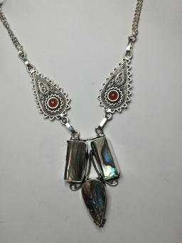 20" Unique Detailed Design Hawaiian Abalone Shell With Carnellian Accecnt .925 S-clasp Necklace