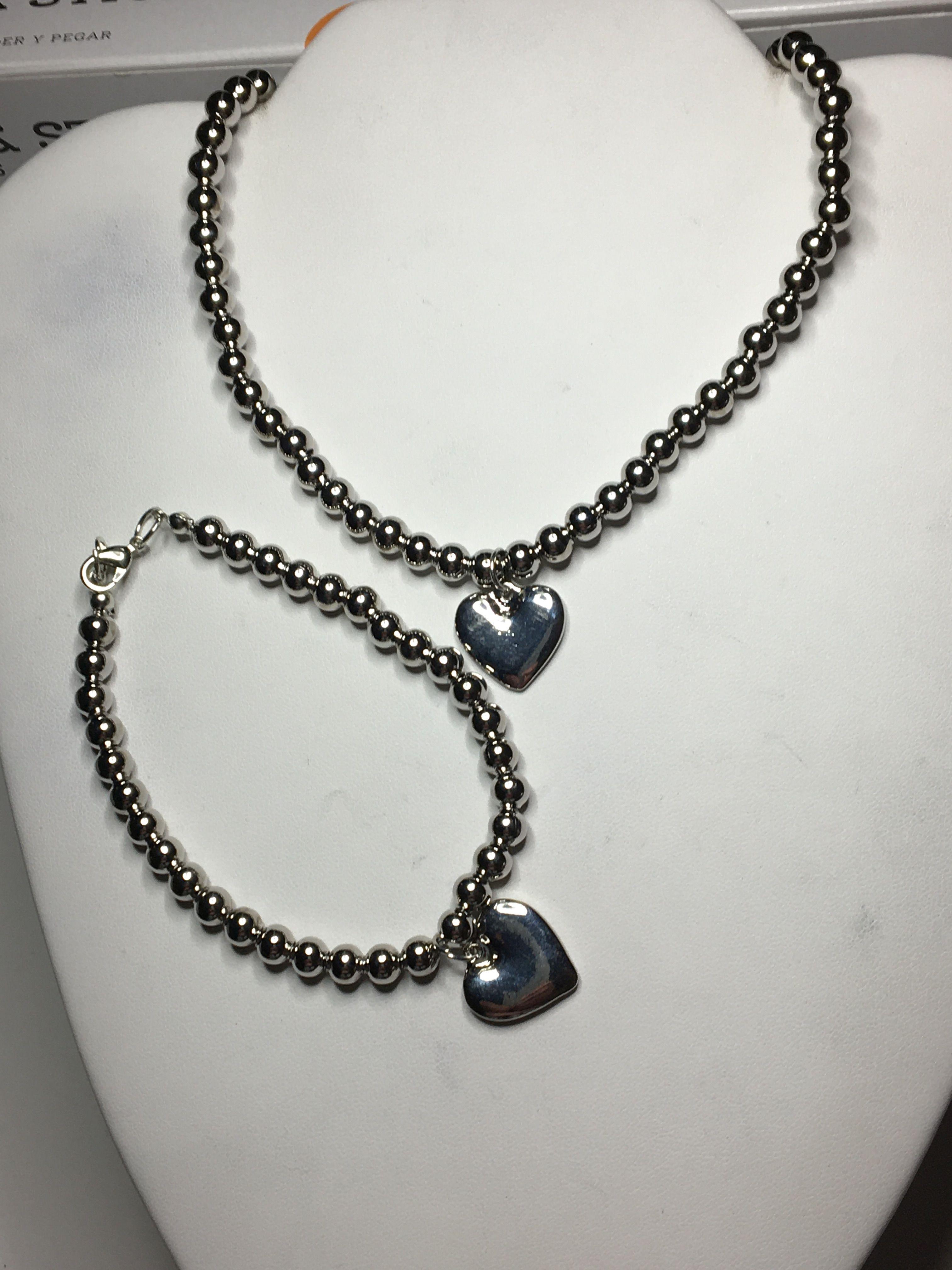 18" Silver Finish 7mm Bead Heart Necklace With Matching 7" Bracelet 