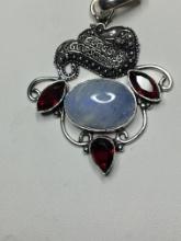 .925 Detailed Moonstone Garnet Accent Pendent