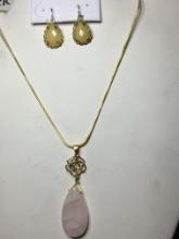 2 1/4" 18 Kt Gold Plate Detailed Rose Quartz Drop Pendant With Matching Earrings .925 Silver Wire