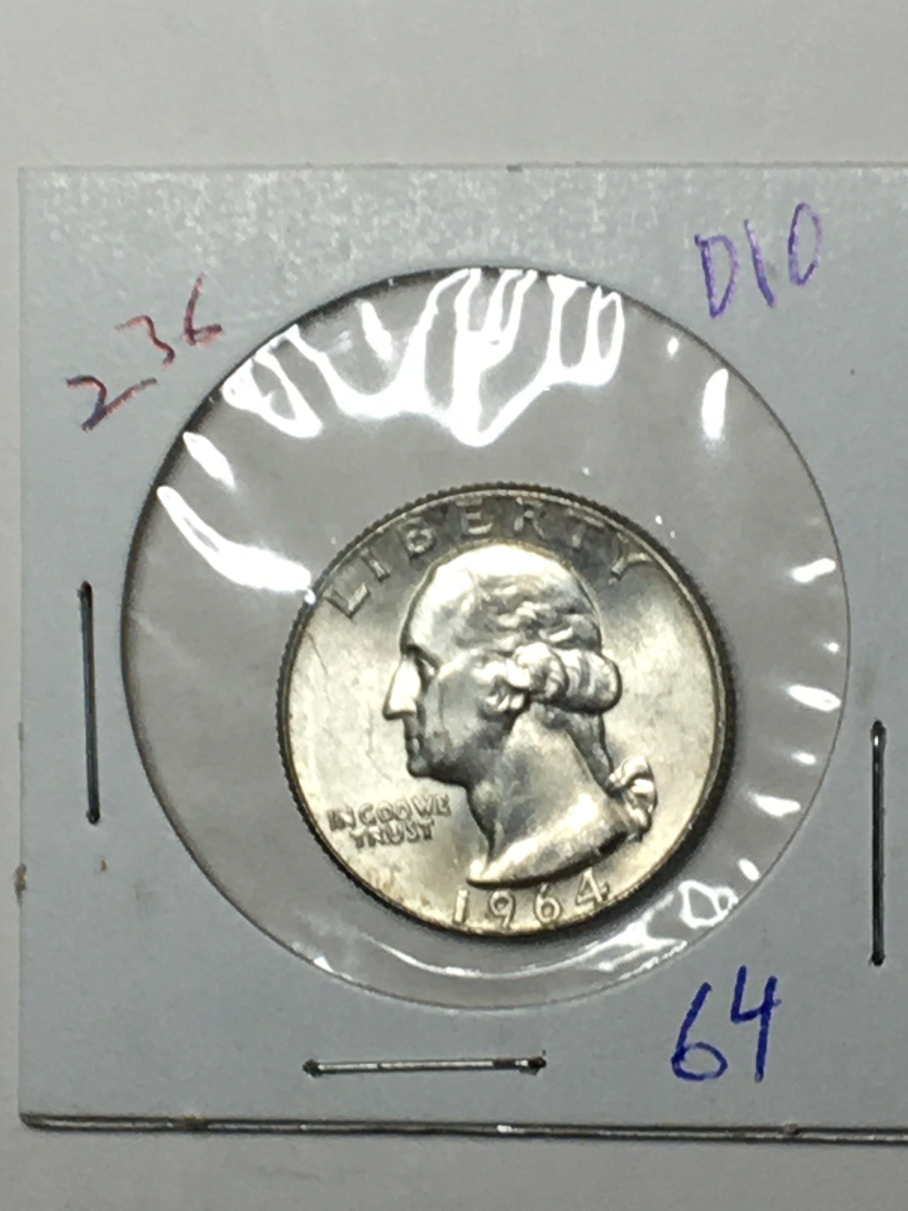 Washington Silver Quarter 1964 D/d Gem Blazing High Grade Beauty