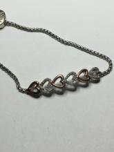 Sterling Silver 925 Vintage 10 Kt Gold Heart Bracelet With Natural White Diamonds 8.5”  8.3+ Grams