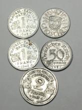 Antique Aluminum Coins France And Germany 1920 To 1947 5 Coins