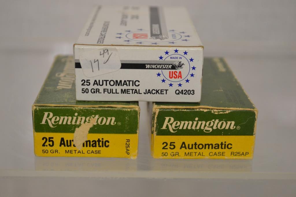 Ammo. 25 Auto. 3 Full Boxes, 150 Rounds