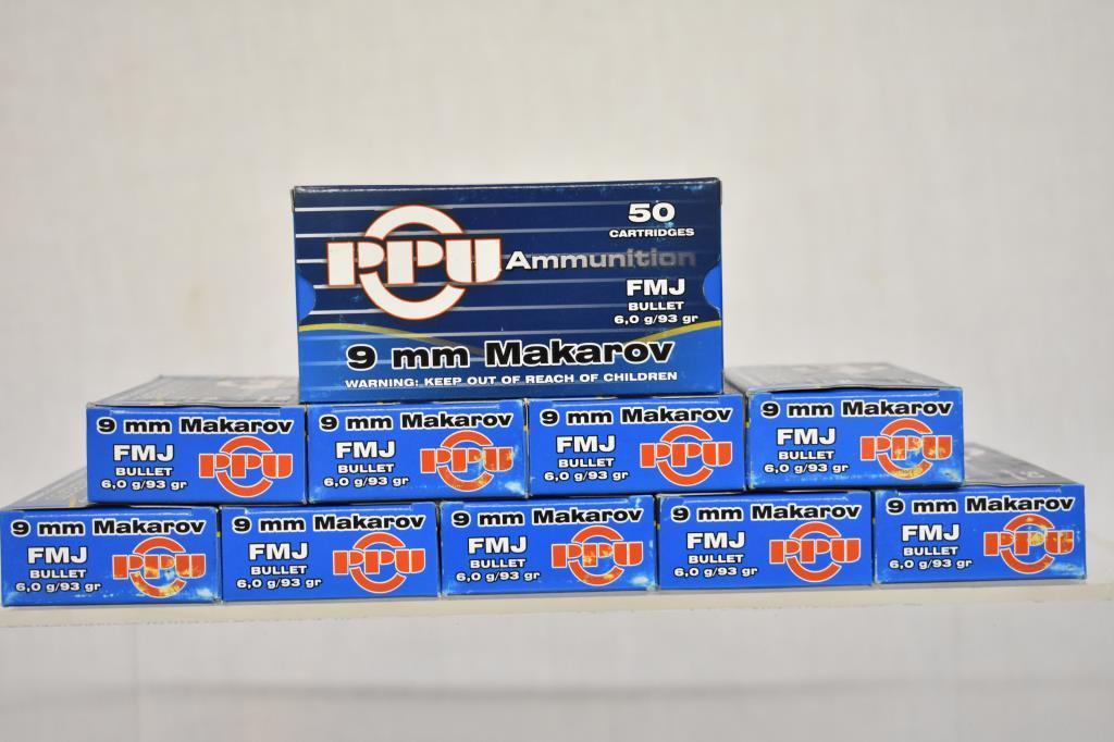 Ammo. PPU 9mm Makarow, FMJ, 93 Gr. 500 Rds