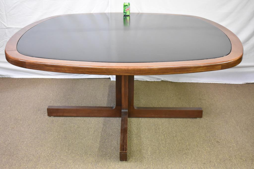 Large Mid-Century Hardwood Table Leather Inset Top