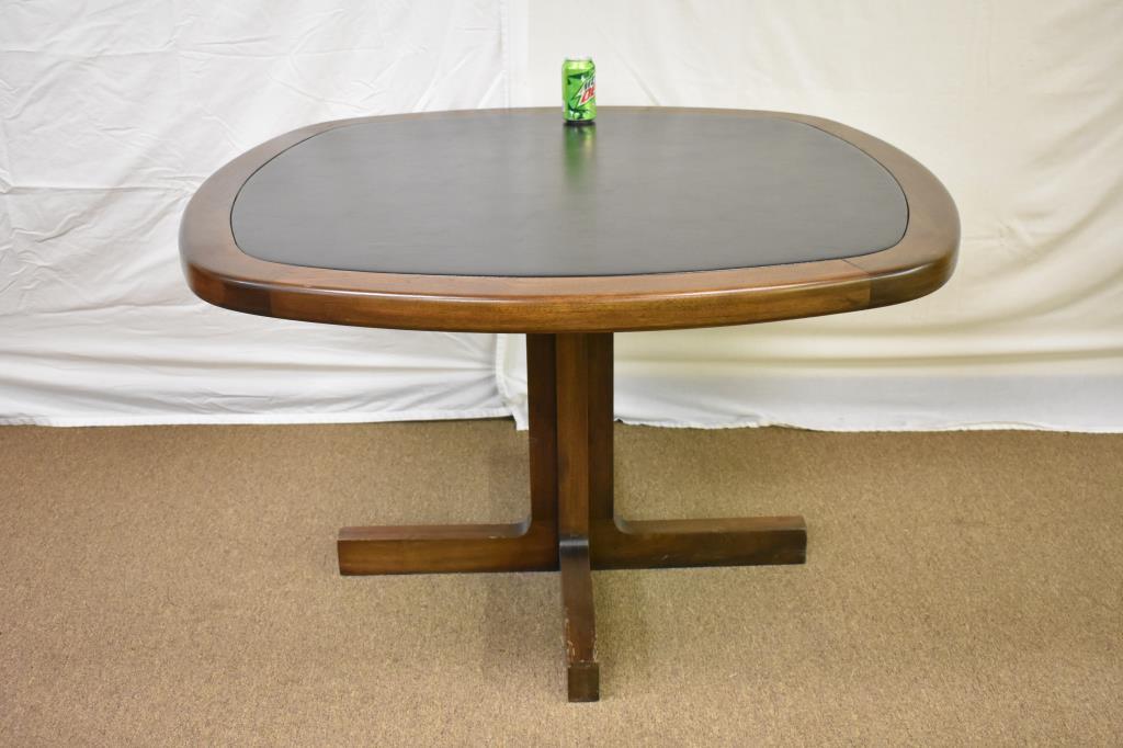 Mid-Century Hardwood Table with Leather Inset Top