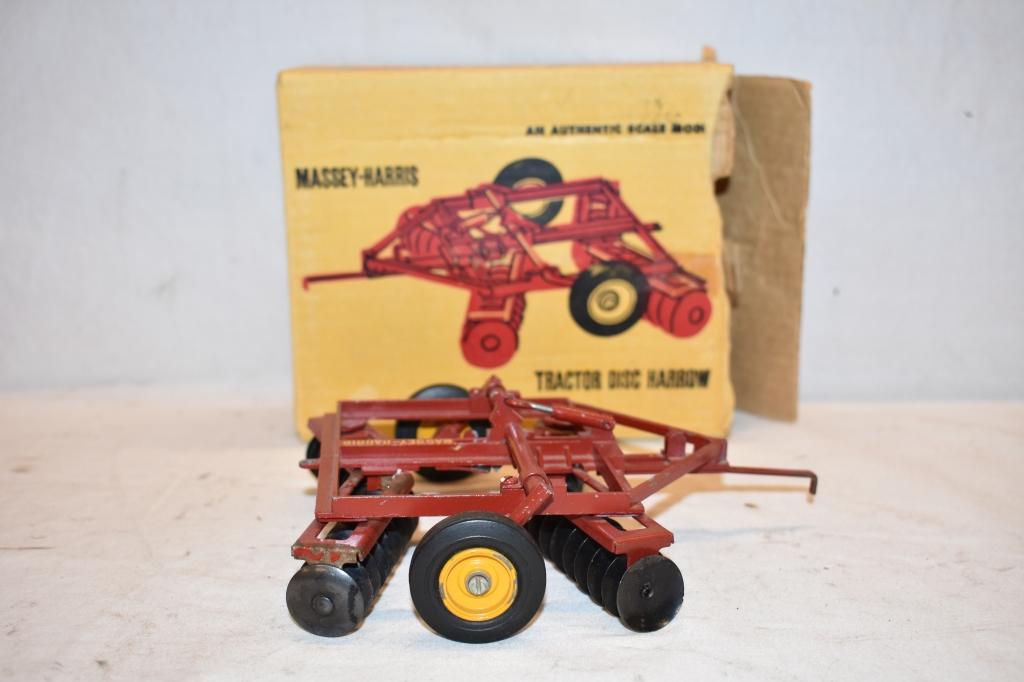 Two Massey Harris Loader & Disc Harrow Toys