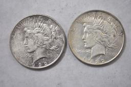 Two Peace Silver Dollars-1922-Plain Mint & D