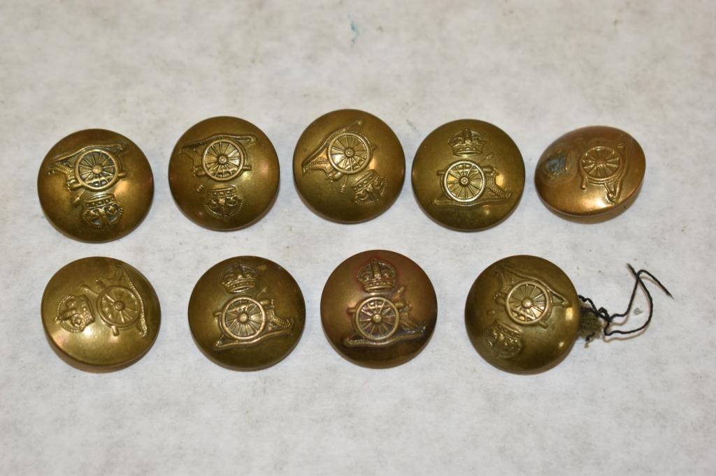 British. Nine Military Uniform Buttons