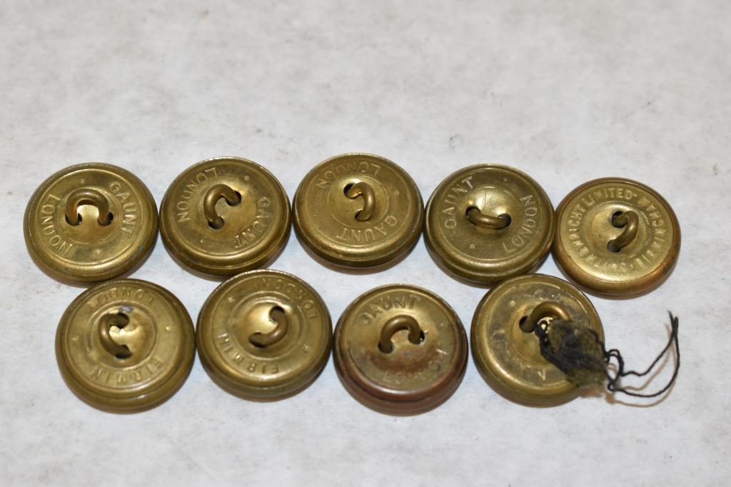 British. Nine Military Uniform Buttons