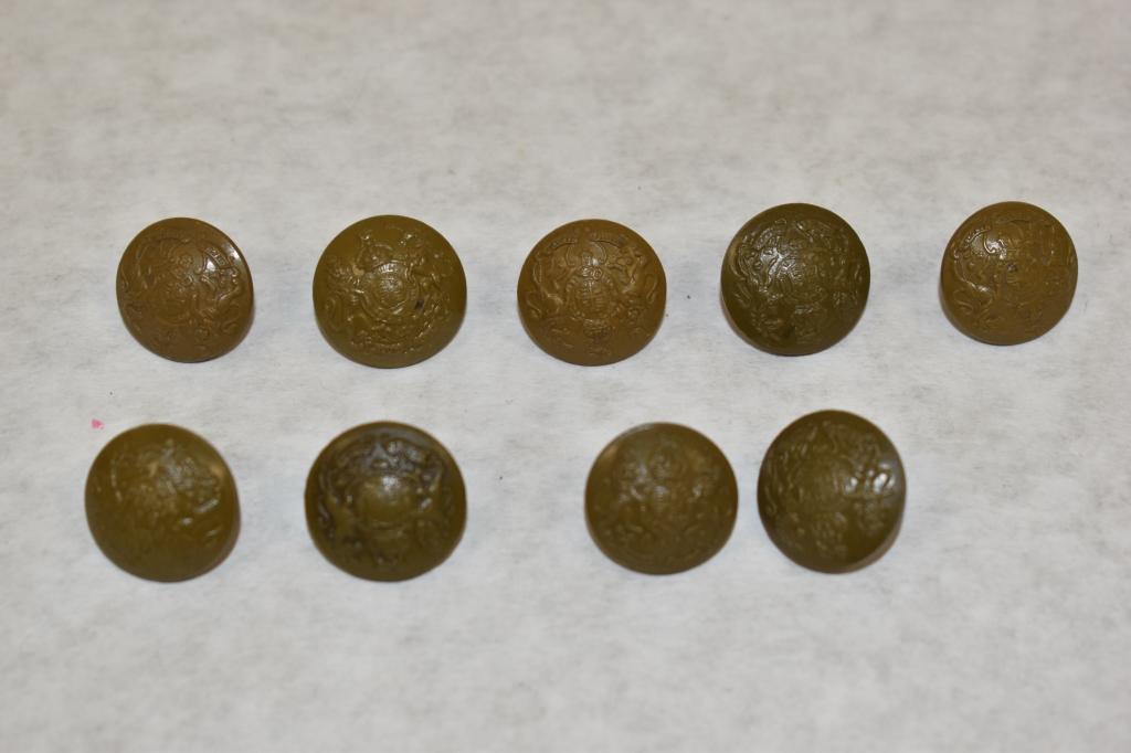 British. Nine Military Uniform Buttons