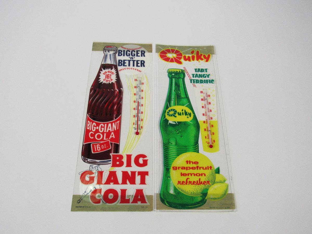 Lot of two NOS early 1960s Soda store window thermometers for Quiky and Big Giant Soda.