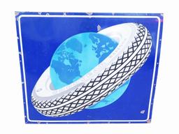 Fabulous 1930s Goodyear Balloon Tires single-sided porcelain garage sign with tire/globe logo.