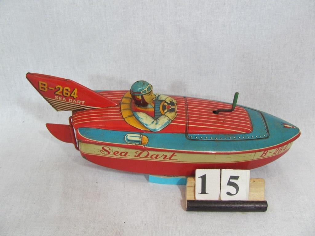 1 in lot, B-264 Sea Dart Racing Boat with Driver wind up spins propeller, s