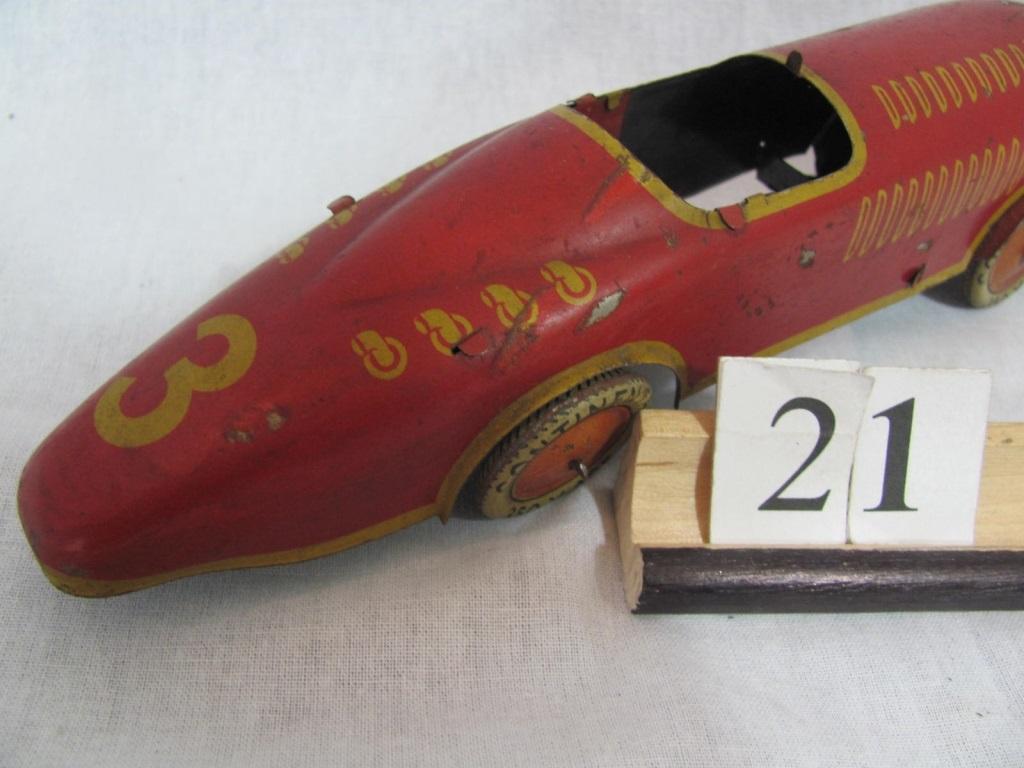 1 in lot, Red Race Car Friction tin race car #3, missing driver and maybe w