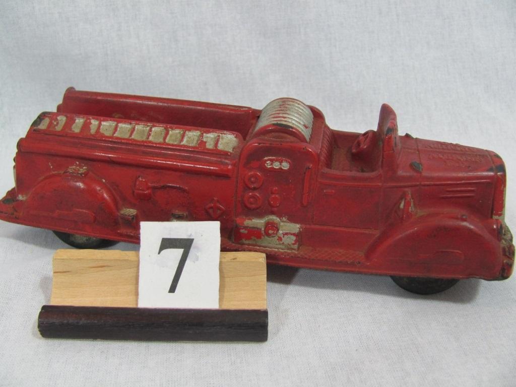1 in lot, Rubber Fire Truck red with silver accent, 8" long, made in  U.S.A