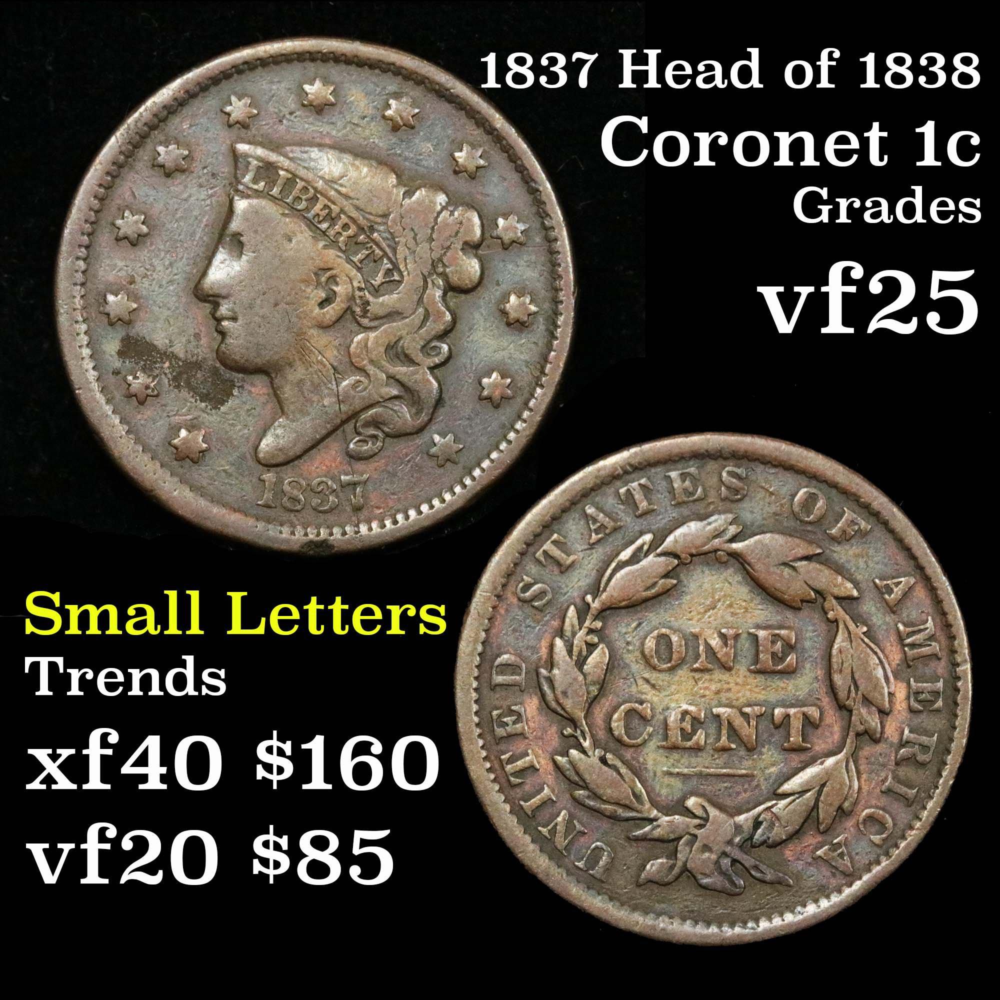 1837 Head of 1838 Coronet Head Large Cent 1c Grades vf+