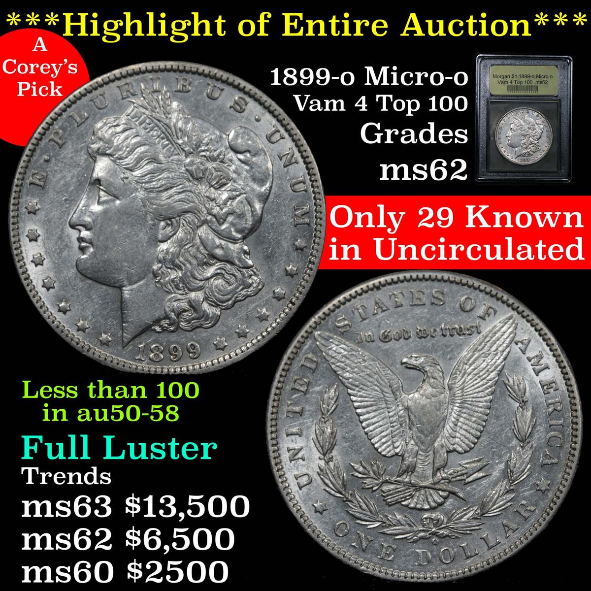 ***Auction Highlight*** 1899-o Micro o Vam 4 Top 100 Morgan Dollar $1 Graded Select Unc by USCG (fc)