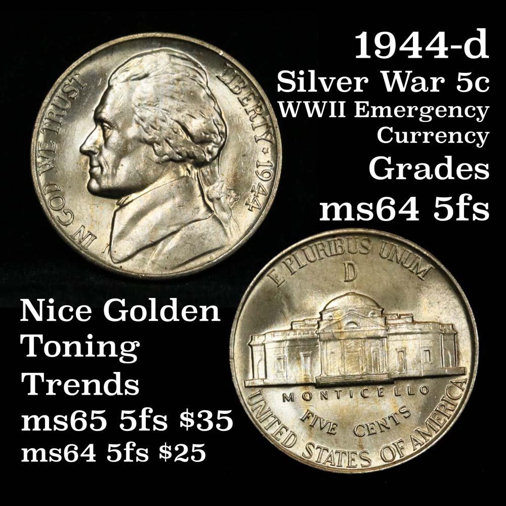 1944-d Jefferson Nickel 5c Grades Choice Unc+ 5fs