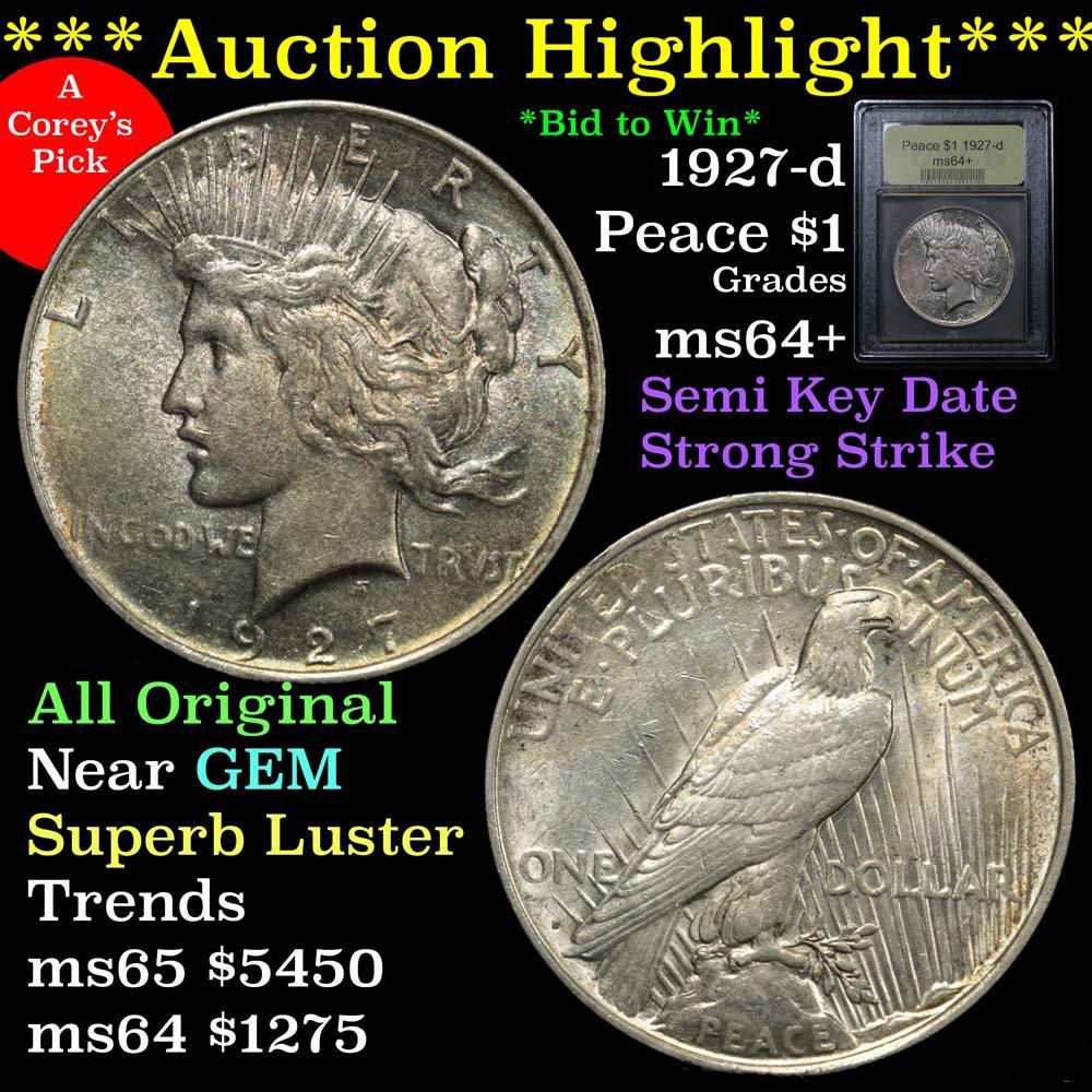 ***Auction Highlight*** 1927-d Peace Dollar $1 Graded Choice+ Unc by USCG (fc)