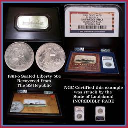 ***Auction Highlight*** NGC Louisiana Issued 1861-o SS Republic Shipwreck Seated Liberty 50c (fc)