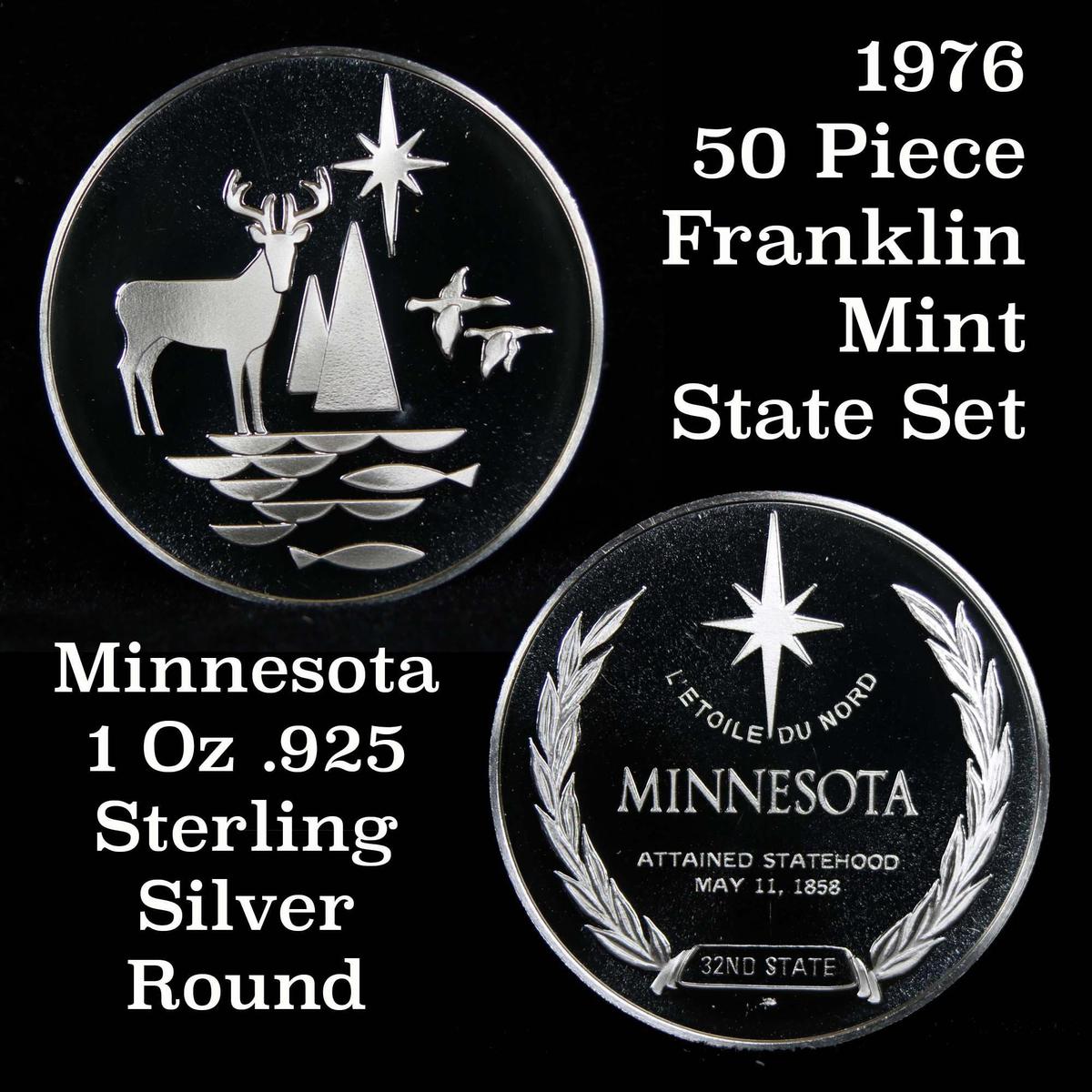 1976 Franklin Mint .925 Fine Sterling Silver Proof Round Minnesota 1 oz. .999 fine silver