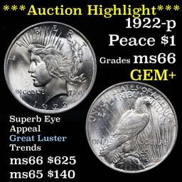 ***Auction Highlight*** 1922-p Peace Dollar $1 Grades GEM+ Unc (fc)