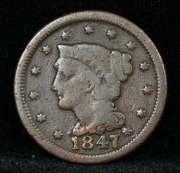 1847/47 Large/small 47 Braided Hair Large Cent 1c Grades vf+