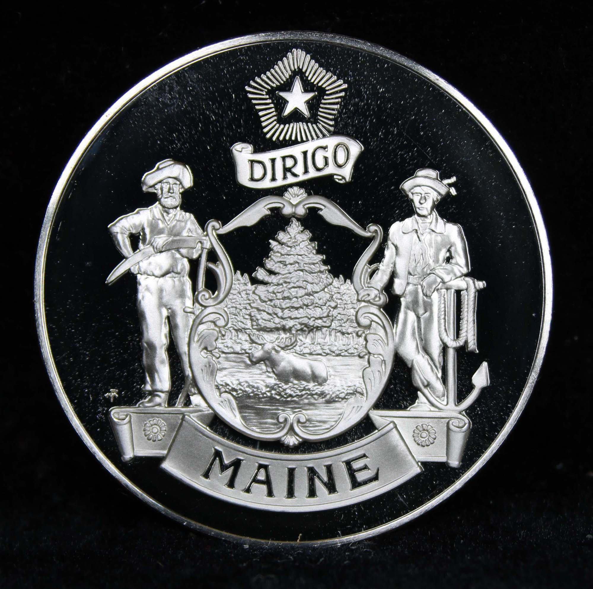 1976 Franklin Mint .925 Fine Sterling Silver Proof Round Maine 1 oz. Grades