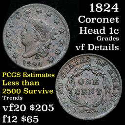 1824 Coronet Head Large Cent 1c Grades vf details nice detail for the grade