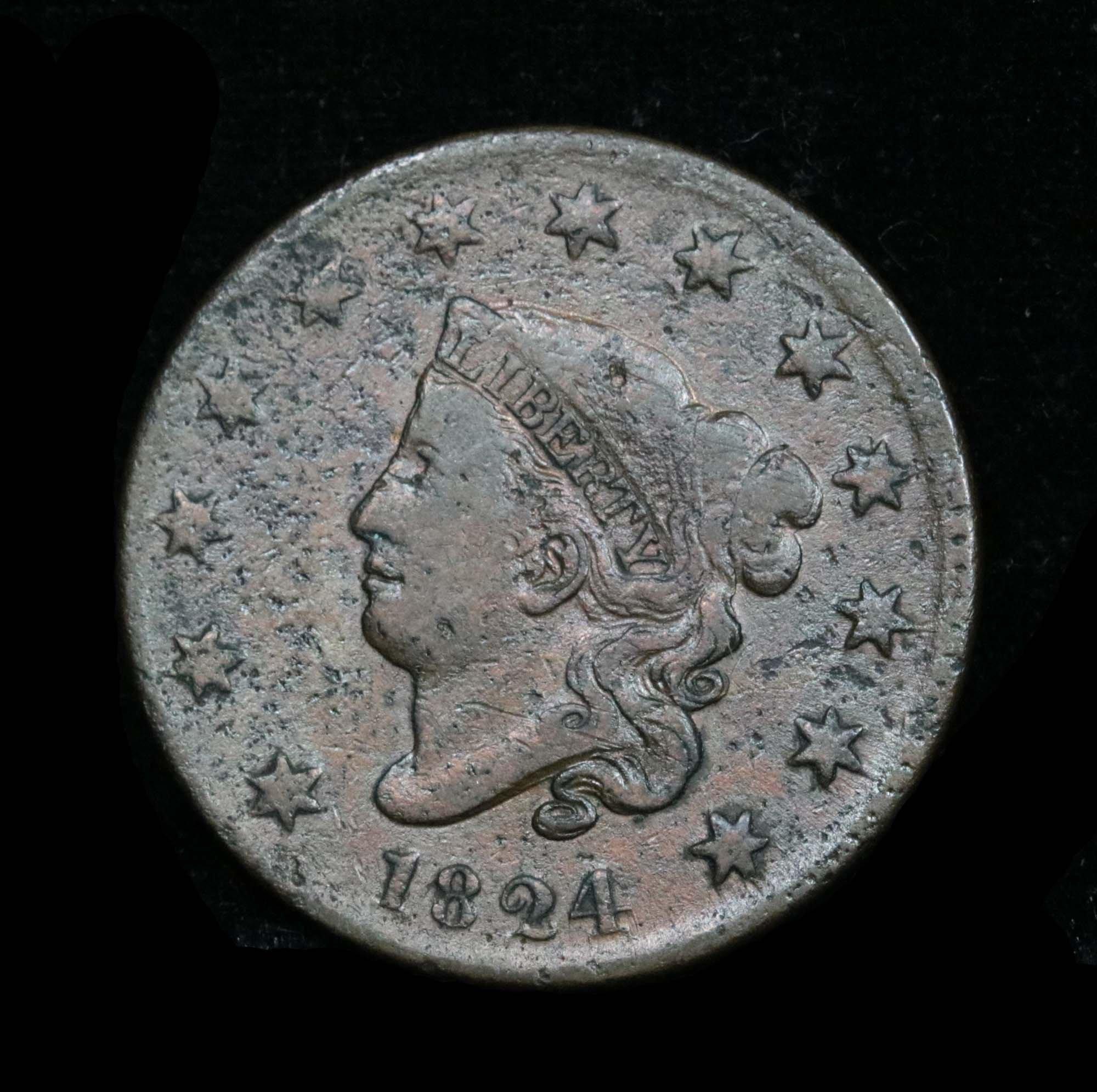 1824 Coronet Head Large Cent 1c Grades vf details nice detail for the grade