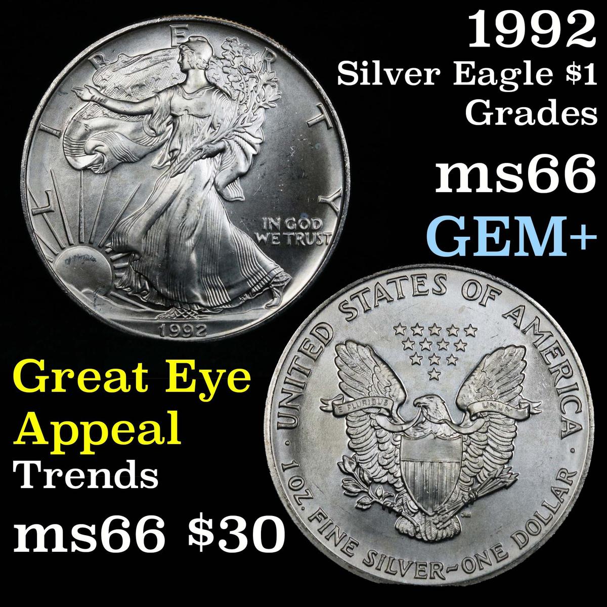 1992 Silver Eagle Dollar $1 Grades GEM+ Unc