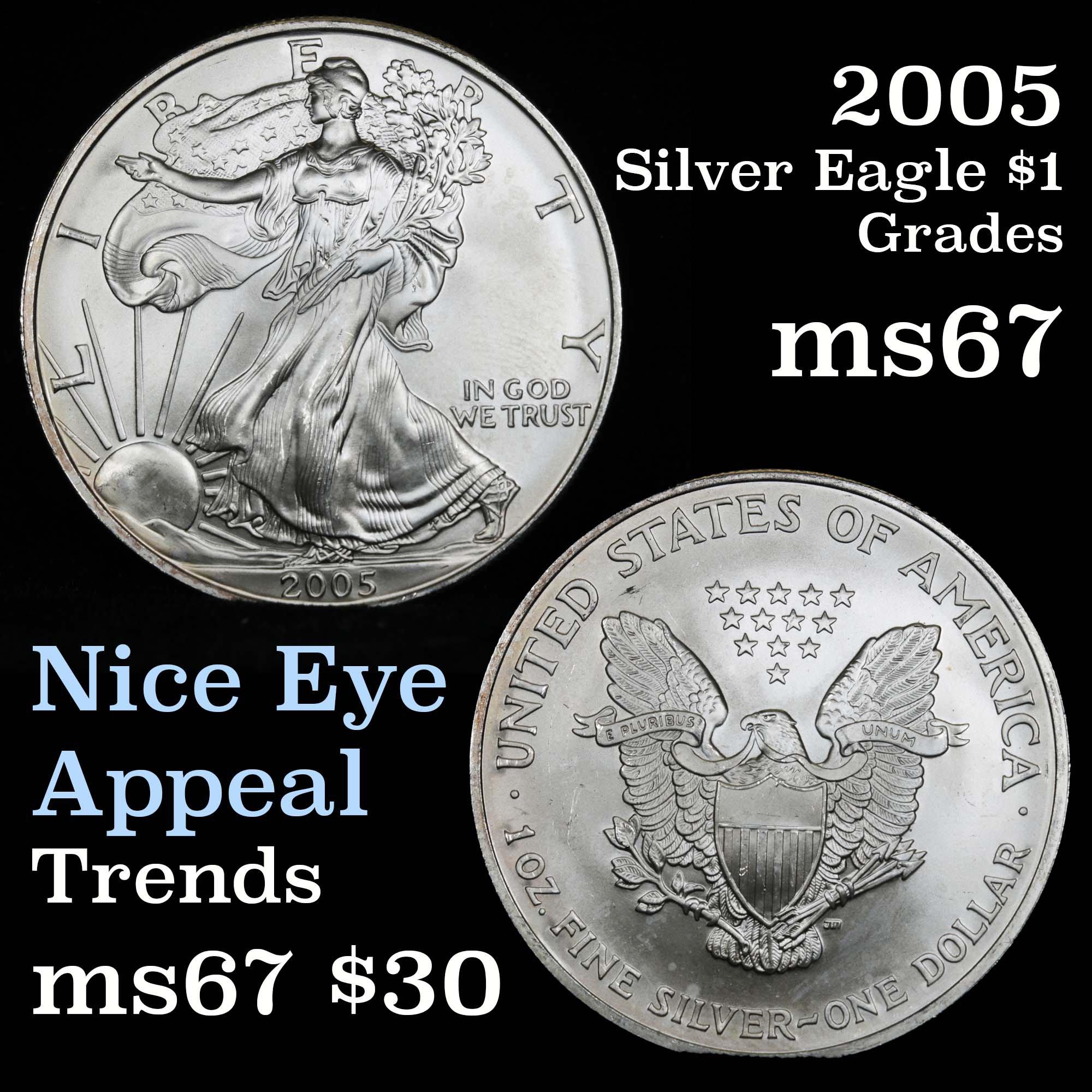 2005 Silver Eagle Dollar $1 Grades GEM++ Unc