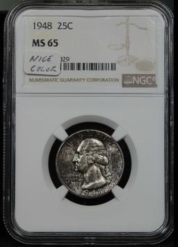 Heavily toned NGC 1948-p Washington Quarter 25c Original mint set example Graded ms65 By NGC