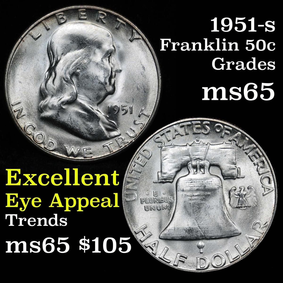 Much Better Date 1951-s Franklin Half Dollar 50c Grades Choice+ Unc