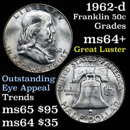 1962-d Franklin Half Dollar 50c Nice Rim Toning Grades Choice+ Unc very near Gem