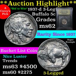***Auction Highlight*** 1937-d 3 Leg Buffalo Nickel 5c Graded Select Unc USCG Bucket list coin (fc)