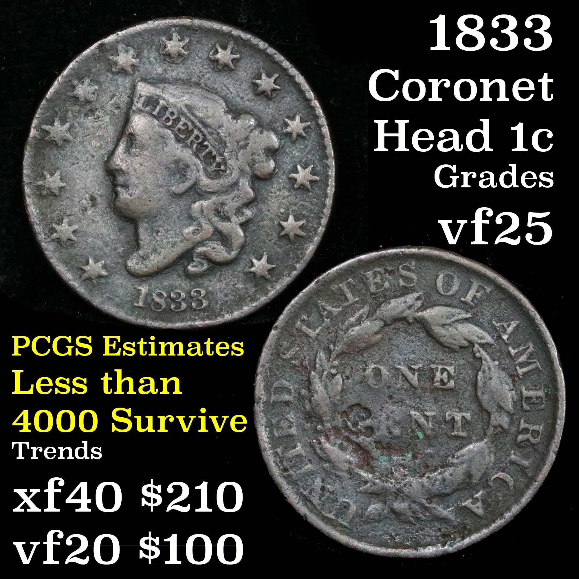 Good Detail for the Grade 1833 Coronet Head Large Cent 1c Grades vf+ Good Detail for the Grade