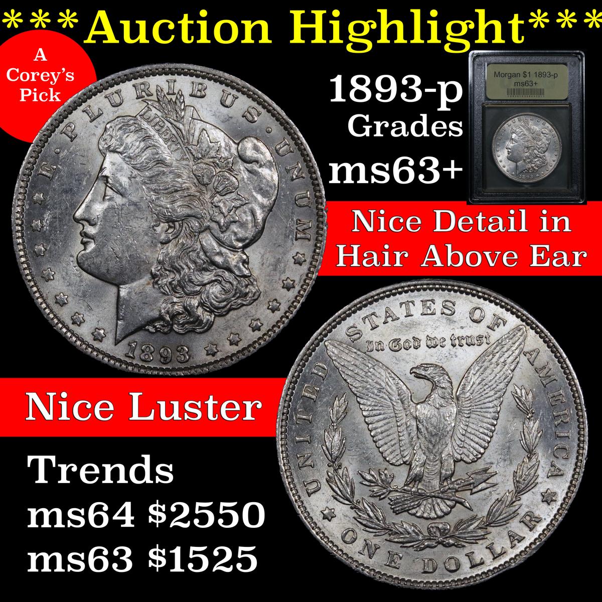 ***Auction Highlight*** 1893-p Morgan Dollar $1 Graded Select+ Unc by USCG (fc)