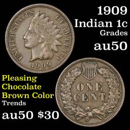 2 diamonds 1909 Indian Cent 1c pleasing chocolate brown color Grades AU, Almost Unc better date