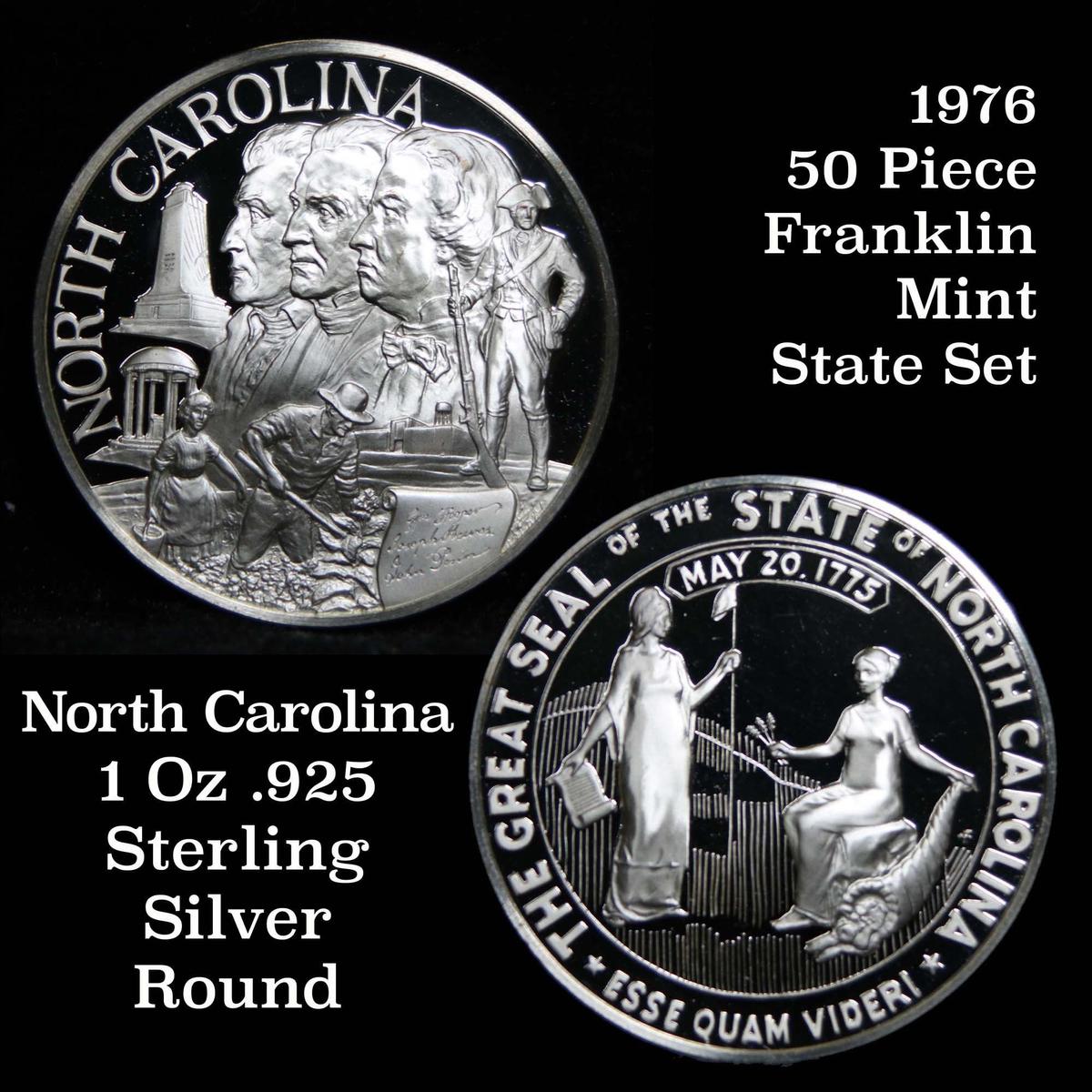 1976 Franklin Mint .925 Fine Sterling Silver Proof Round North Carolina