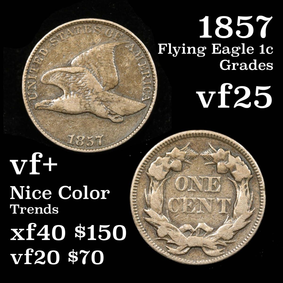 Tough 2 year type coin 1857 Flying Eagle Cent 1c Grades vf+