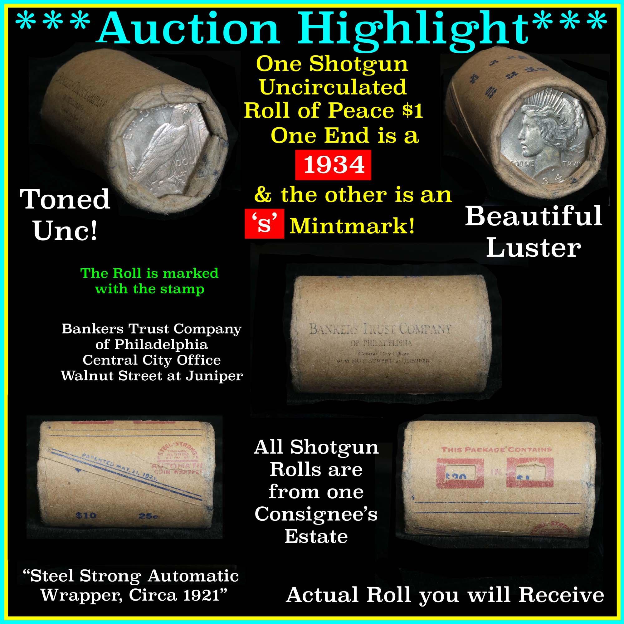 ***Auction Highlight*** Unc Shotgun Roll Peace dollars 1934 & 's' mint on ends Peace Dollar $1 (fc)